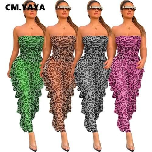 CM.YAYA Women Leopard Ruffles Side Ruched Jumpsuit Strapless Mesh See Though One piece Overall Bodycon Romper Outfit Playsuit
