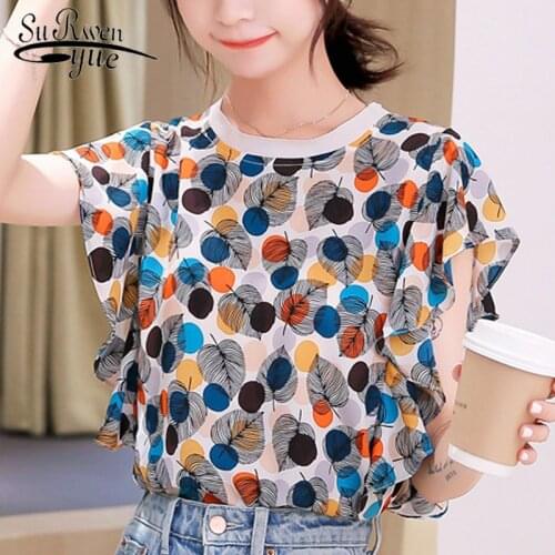2021 Summer New Fashion Chiffon Women Tops Women Clothing Short Sleeve O-neck Casual Printing Women Blouses Sweet Tops 5103 50