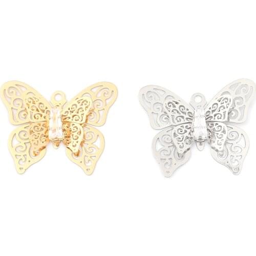 5 PCs Copper 3D Hollow Insect Butterfly Charms Gold Color Butterfly Animal Filigree Stamping Clear Rhinestone 26x 22mm Finding