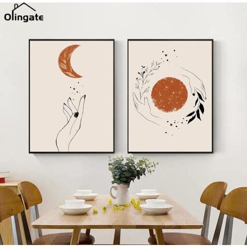 Abstract Mystic Hand Sun and Moon Scene Boho Canvas Painting Nordic Prints and Posters Wall Art Pictures for Living Room Decor