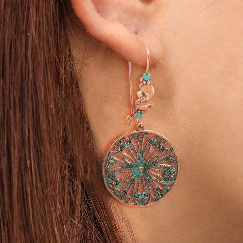 Bohemia Vintage Alloy Carved Hollow Flowers Turquoise Pendant Earrings For Women Fashion Exaggerated Metal Stud Jewelry Wholesal