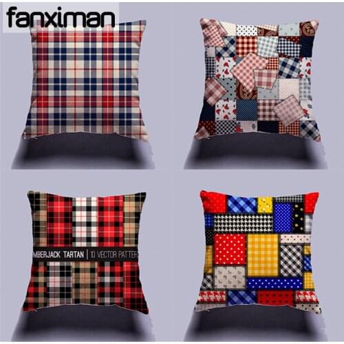 Fanximan Customized Cushion Cover England Style Plaid Patchwork Prints Linen Pillow Cases Home Decor Sofa Cushions 45*45 CM