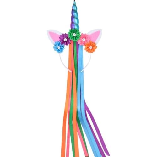 Rainbow Unicorn Headband Girls Toddler Rainbow Flowers Unicorn Birthday Party Headbands with Long Ribbon Kids Hair Accessories