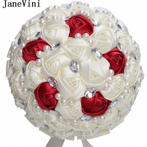 JaneVini Artificial Satin Roses Flowers Rhinestone Wedding Bouquets Ribbon Ivory Pearl Bridal Holding Bouquet Burgundy Elegant