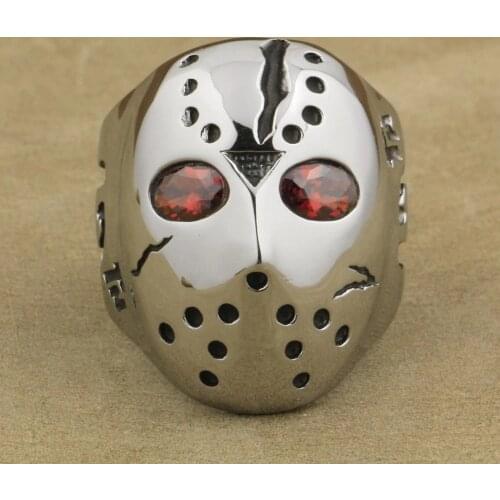 316L Stainless Steel Halloween Jason Hockey Red CZ Eyes Mens Ring 3F301A