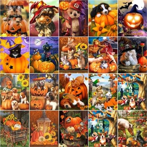 HUACAN Paint By Numbers Dog Animal HandPainted Painting Art Gift DIY Pictures By Number Pumpkin Kits For Halloween Gift