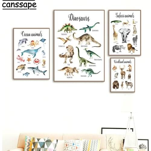 Dinosaurs Birds Woodland Animals Illustration Wall Art Canvas Painting Nordic Poster Nursery Print Wall Pictures Kids Room Decor