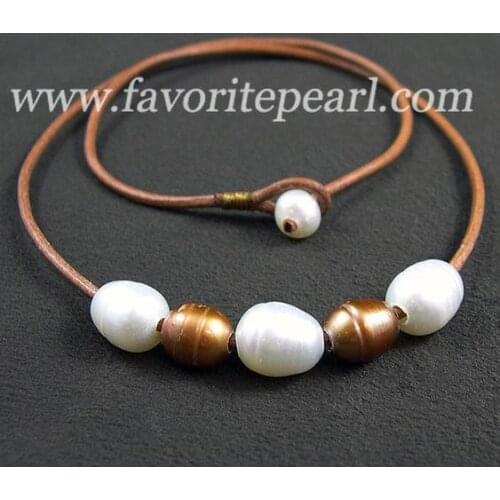 New Arrival Favorite Pearl Necklace 8-10MM White Brown Natural Freshwater Pearl Brown Leather Necklace Handmade Fine Jewelry