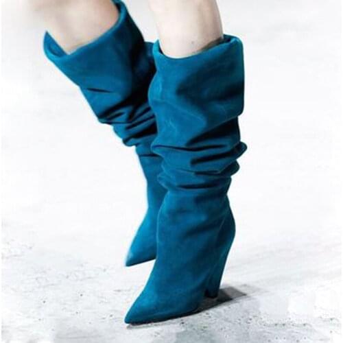 Sexy Solid Leather Knee High Spike Heel Knight Boots Women Pointed Toe Slip on Loose Pleat Boots Street Outfit Banquet Shoes