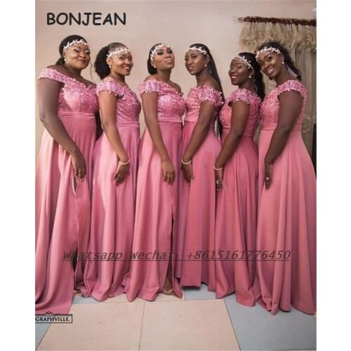 Coral Bridesmaid Dresses A Line V Neck Split Floor Length Elastic Satin African Bridesmaid Dress Plus Size for Women Wedding