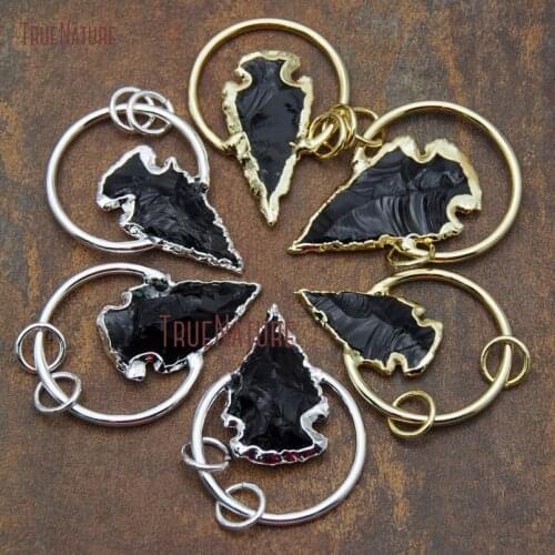Gold Electroplated Silver Arrowhead Charm Hand Hammered Hoop Pendant Black Obsidian Necklace Pendant In 52*36 mm PM9597