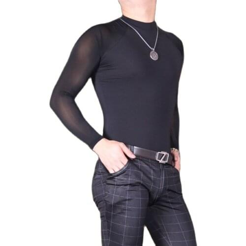 Modal Ice Silk Patchwork Transparent Sexy Black Bodysuits Camisetas Hombre Long Sleeve T Shirt Men Body One Piece Funny T Shirts