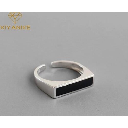 XIYANIKE 925 Sterling Silver Black Zircon Rectangular Open Ring Female Fashion Minimalist Beautiful Decorated Jewelry Accessorie