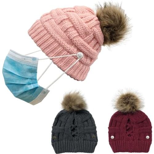 Women Beanie Hat Warm Knitted Wool Thick Cap with Ponytail Hole Button Beanie Blends for Masks Holder