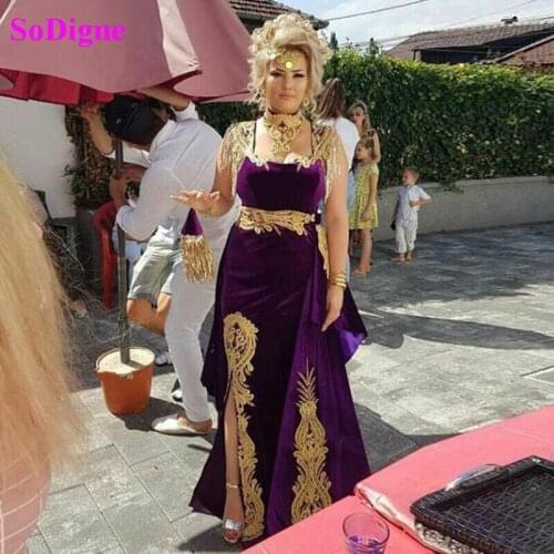 SoDigne Morocco Kaftan Mermaid Evening Dress with Detachable Tail Gold Appliques Velvet Muslim Arabic Prom Party Dress