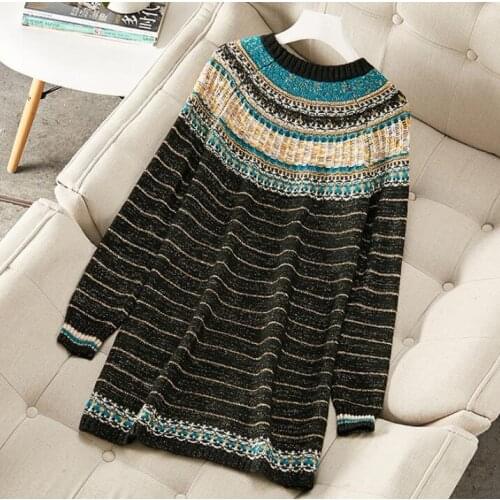 Knitted Sweater For Women Long Sleeve 2020 New Fashion Casual Autumn Winter Striped Boho Bohemian Dress Clothing Female