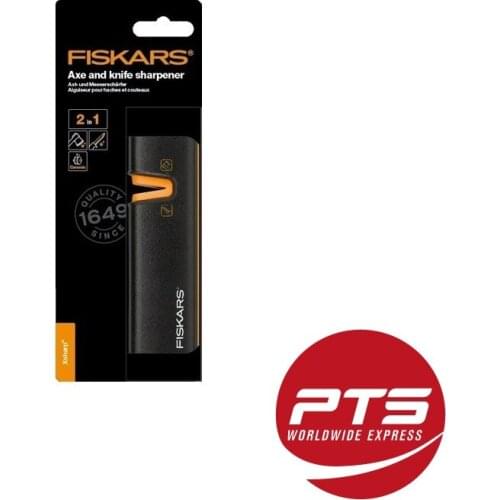 Fiskars XSharp Axe and Knife Sharpener Ceramic Sharpening Stone Fiberglass Reinforced Plastic Black Orange Case