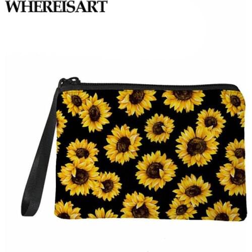 WHEREISART Sunflower Purse Small Fresh Casual Coin Wallet Flower Print Zipper Pocket Wallet Key Change Bag With Wristlet Strap