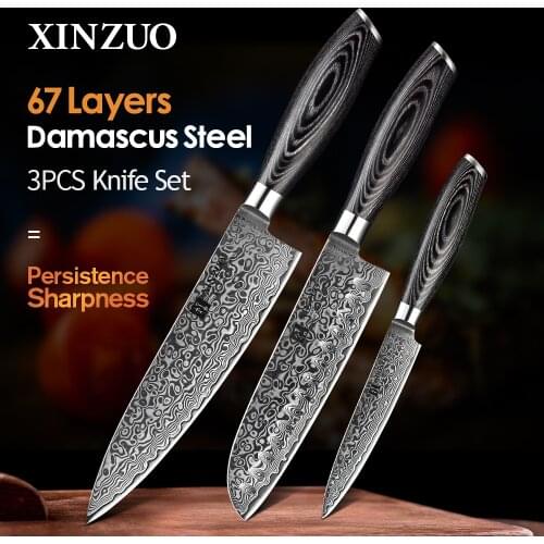 XINZUO 3 Pcs Kitchen Knives Sets Handmade Damascus Steel Chef+Santoku+Utility Knife Pakka Wood Handle Kitchen Chef Accessories