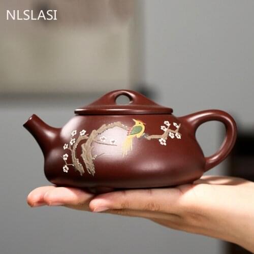 Yixing Tea Pot Handmade Flowers and Birds Purple Clay Teapot Beauty Kettle Chinese Home Tea Ceremony Customized Gifts 260ml