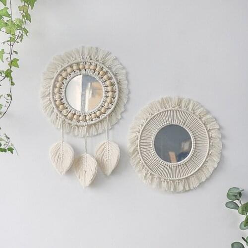 2Pcs Boho Wall Hanging Mirror Macrame Mirror Wall Boho Home Decor for Apartment Living Room Bedroom Baby Nursery Dorm