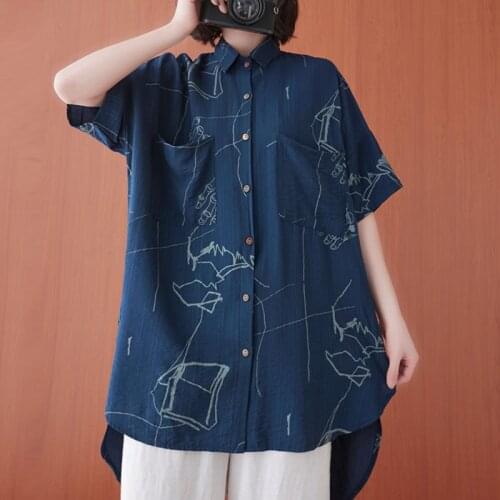 Oversized Women Cotton Casual Shirts New Arrival 2021 Summer Simple Style Vintage Print Loose Comfortable Female Long Tops S3599