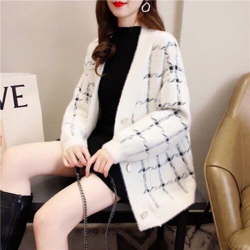 2021 Autumn Winter Women Imitation Mink Velvet Sweater Female Loose Warm V-neck Knitted Cardigan Lady Casual Plaid Cardigan P634