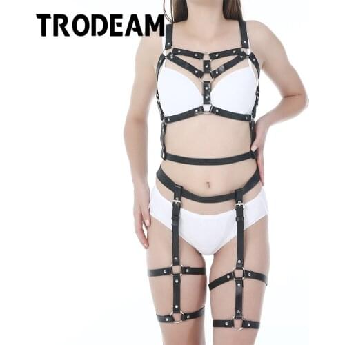 TRODEAM Womens Crop Top Full Body Garter Leather Bondage Harness Cage Bra Leg Erotic Accessories Adjustable Leather garter Belt