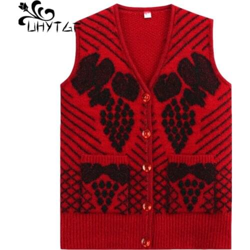 UHYTGF Spring Autumn Sweater Vests Women Middle-Aged Elderly Sleeveless Knitted Waistcoat Jacket Loose Warm Cardigan Female 1951