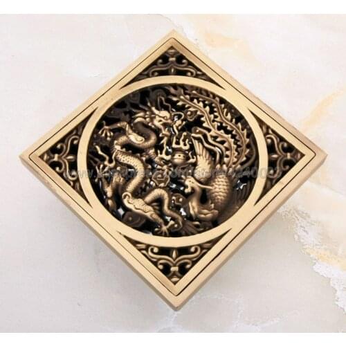 10 cm Square Antique Brass Shower Drain Hair Strainer Art Carved Bathroom Accessories Waste Grate Floor Drain Cover Khr043