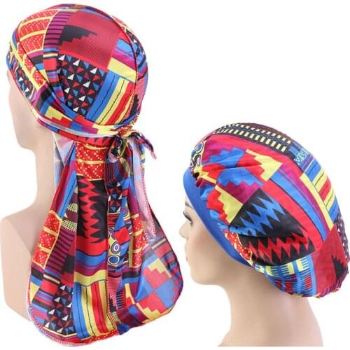 2pcs/set New Unisex Men African pattern print silky durag and bonnet women Ankara bonnet cap men du rags Do Durag Waves Cap