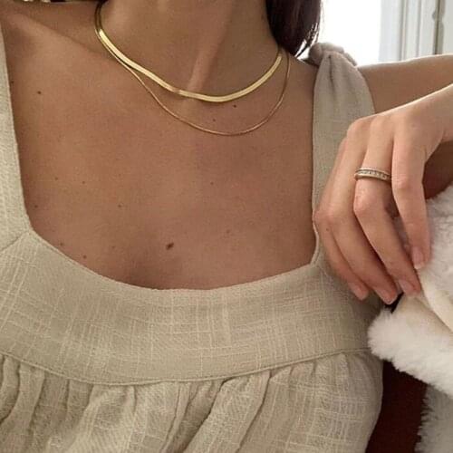 AOMU Multi Layered Flat Blade Snake Link Chain Choker Necklace Women Vintage Jewelry Metal Simple Gold Color Collar Neckl