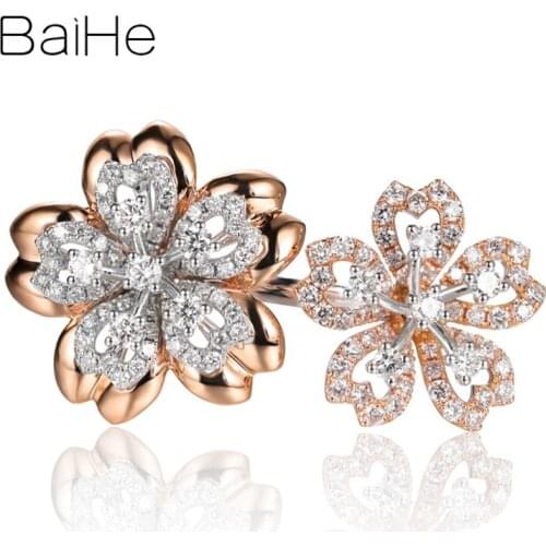 BAIHE Solid 14K Rose+White Gold 0.80ct H/SI Natural Diamonds Wedding Band Engagement Fine Jewelry Beautiful cherry blossom Ring