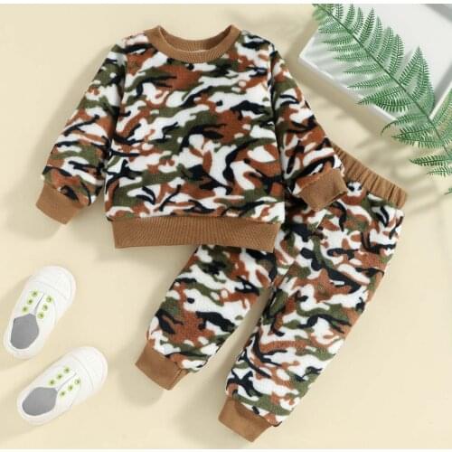 Toddler Baby Boys Girls Long-sleeved Blouse Round Neck Camouflage Childrens Velvet Warm Home Service Suit Xams Set