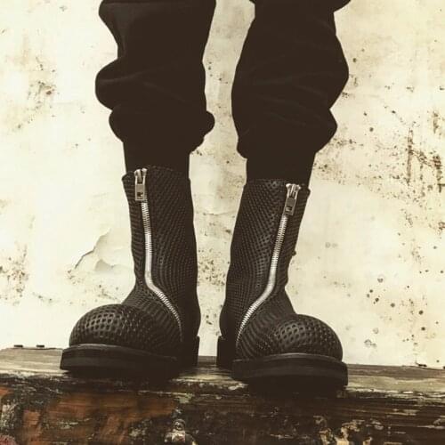 Harajuku New Hollow Out Breathable Mens Mid Calf Boots Vintage High Quality Genuine Leather Round Toe Zip Male High Top Boots