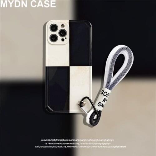Simple Black&White Grid Pattern Cases for Iphone 11 Pro Max Xr Xs Max 7 8 Plus 12 Pro Max IMD Shockproof Cover with Strap