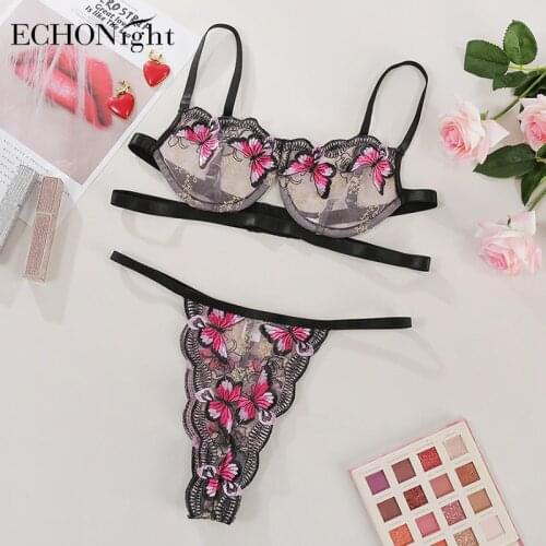 Echonight Butterfly Lingerie Sexy Erotic Lingerie Transparent Bra Womens Underwear Set Lace Brief Sets Bra And Panty Set