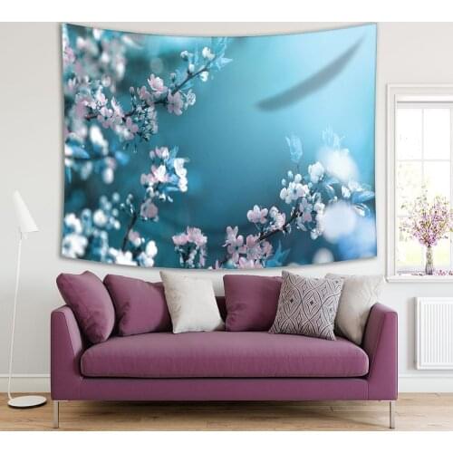 Tapestry Blossoming Apricot Branches Fruit Tree Flowers Spring Floral Nature Photo Printed Blue White Pink