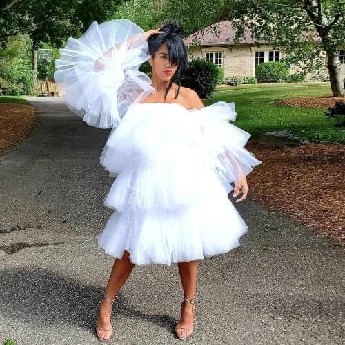 High Street White Draped Tulle Women Dresses With Detachable Sleeves Off The Shoulder Mid Calf Ruffle Tulle Birthday Party Dress