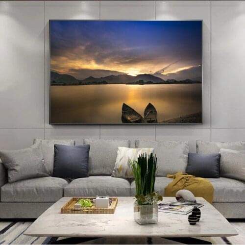 Sunset Scenery Lake Water Boat Painting Art Poster Canvas Wall Painting Modern Living Room Furniture Decoration Wall Painting