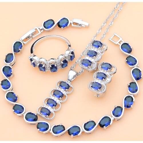 Silver 925 Jewelry Sets Blue Natural Cubic Zirconia Costume Jewelry Kits Indian Jewelry for Women Necklace Set Hoop Earrings
