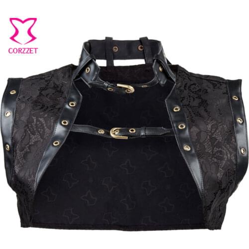 Black Brocade Steampunk Jacket Plus Size Women Sleeveless Jacket with Leather Collar Gothic Corset Sexy Clothing Accessories