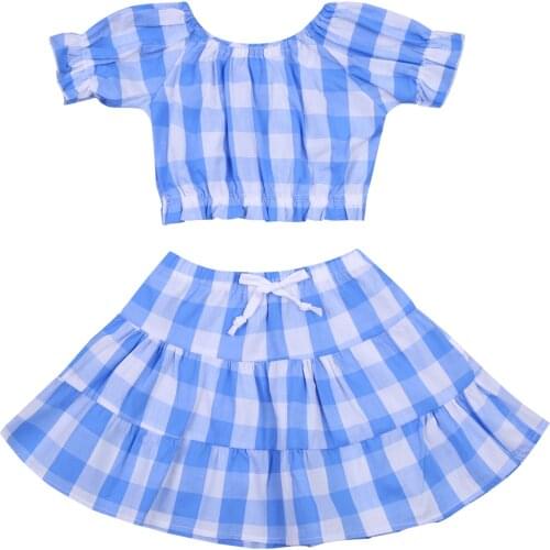 Citgeett Summer Kids Bbay Girls Clothing Set Blue Plaid Short Sleeve Tops and Skirt Two-piece Suit Set Clothes