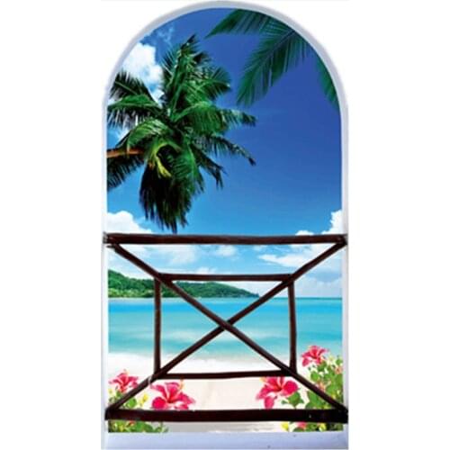 Sea view mural blue Sky red Flower green Tree 3d fake occident window vinyl wall stickers home decoration scenery poster 70*50cm