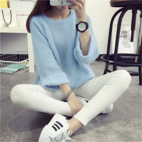 New Sweater Women 2019 Flare Sleeve Pullover Round Neck Autumn And Winter Loose Thin Solid Color Clothes Women Vestidos MMY76165