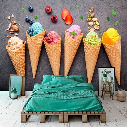 Custom Size Creative Strawberry Ice Cream Fruit Cone Food Mural Wall Cloth Bedroom Restaurant Beverage Shop Decor Wall Paper 3D