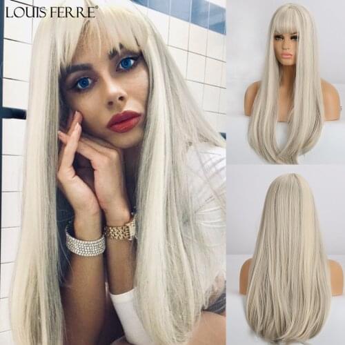 LOUIS FERRE Long Straight Synthetic Wigs Womens Mixed White Gray Wig with Bangs Cosplay Party Hair Wigs High Temperature Fiber