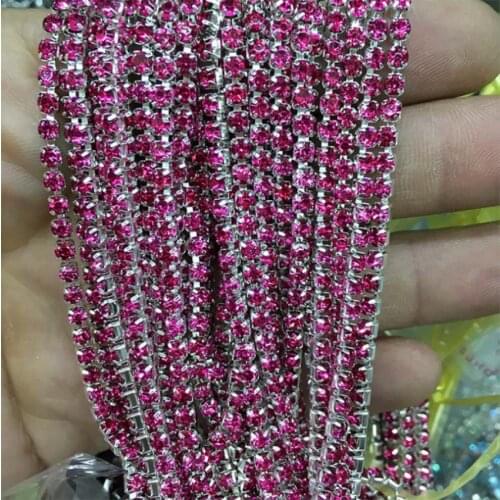 Rose Red 10Yards DIY Rhinestone Chain Dense Silver bottom sewing Rhinestones for clothing Art Decoration