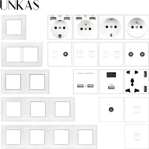 UNKAS DIY Combination Free Matching French EU Socket USB Charger TV RJ12 Telephone RJ45 Computer White Aluminum Panel Outlet