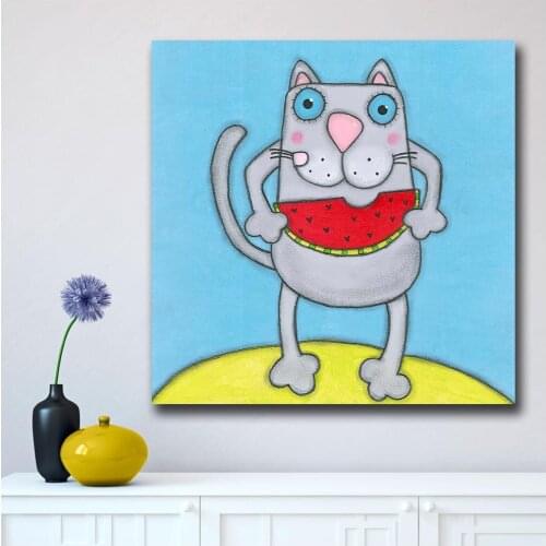 Wlong Art Printing Cartoon Oil Painting Cat-With-Watermelon Wall Art Canvas Prints Pictures For Living Room, Childrens Room